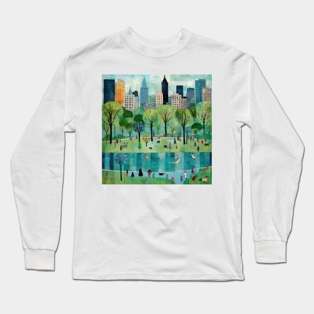 Summer Day in Iconic Central Park, NYC, Art Brut Style Long Sleeve T-Shirt by EpicFoxArt